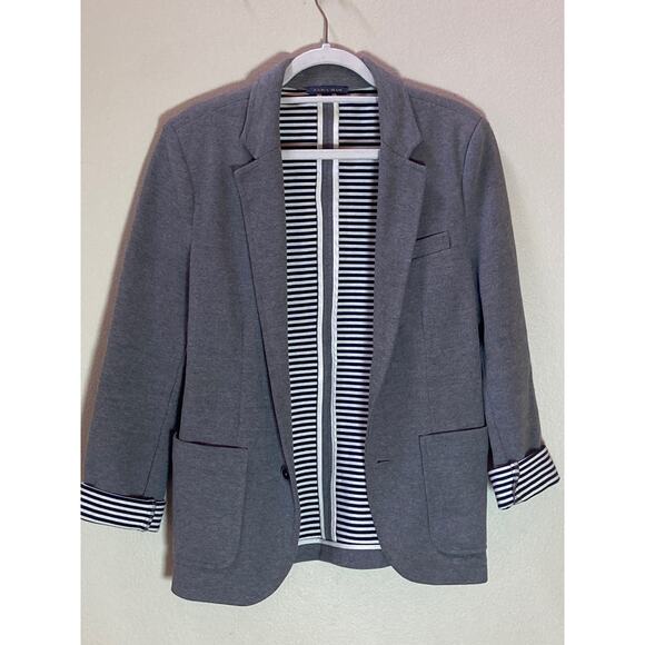 Zara Gray Knit Blazer Interior Cotton Stripes ~ Nautical Prep ~ Men S Women M/L - Picture 3 of 7